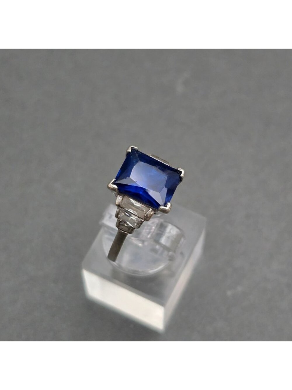 Vintage Sterling Silver Lab Sapphire Ring Size 6 Emerald Cut Cocktail Statement